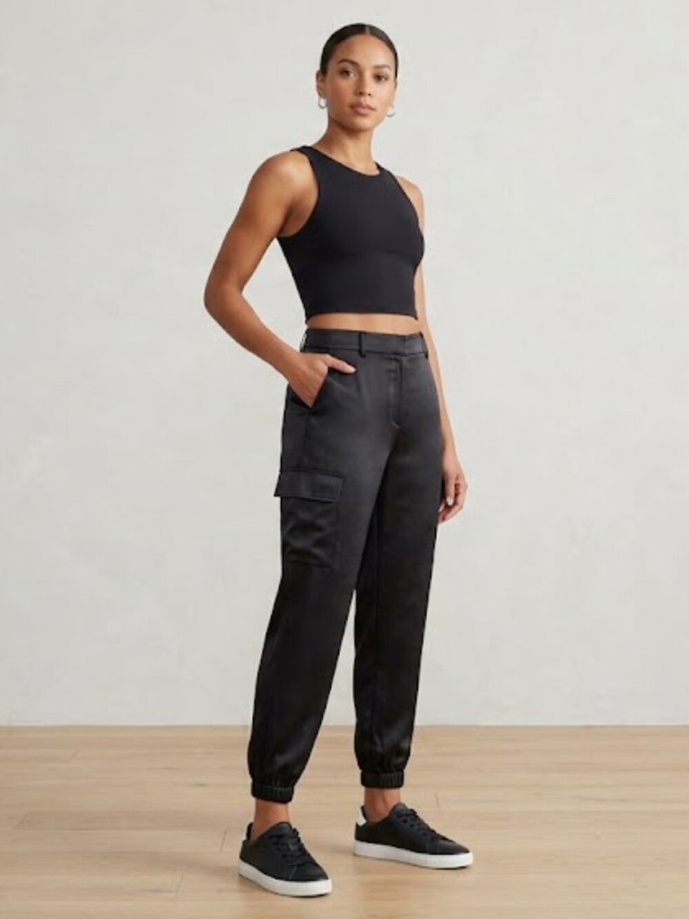 Aqua Black Satin Cargo Jogger Pants Size L | High Rise Elastic Cuffs Streetwear